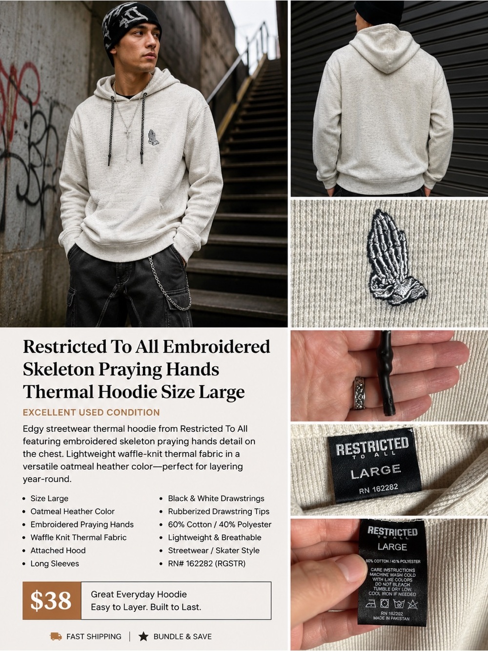 Restricted To All Skeleton Praying Hands Thermal Hoodie Oatmeal Large